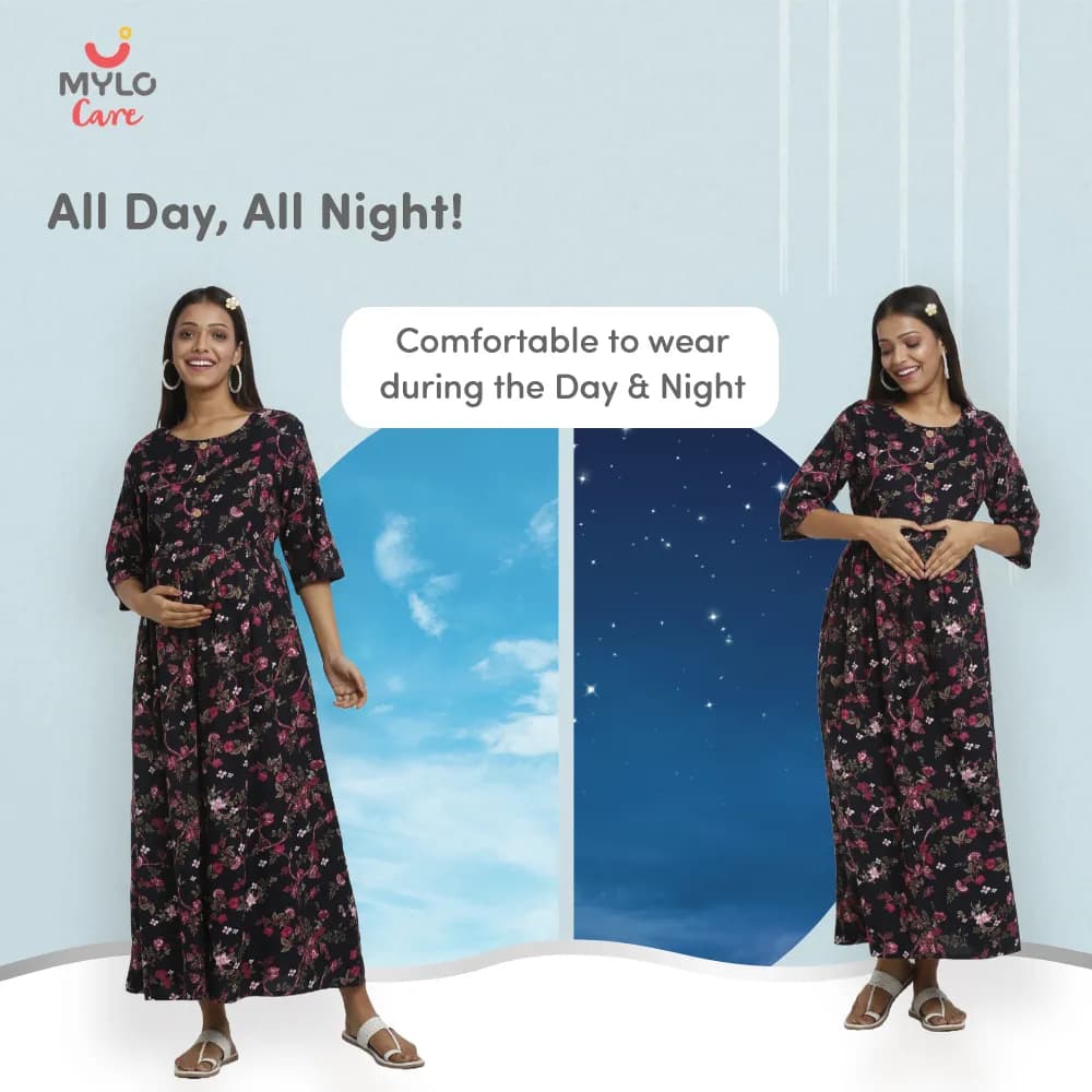 Maternity Dresses For Women with Both Side Zipper For Easy Feeding | Adjustable Belt for Growing Belly | Maxi Dress | Garden Flowers | M