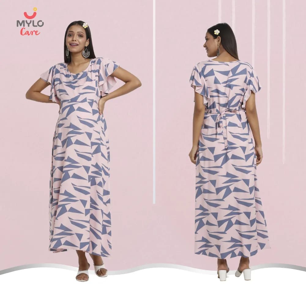 Maternity Dresses For Women with Both Side Zipper For Easy Feeding | Adjustable Belt for Growing Belly | Maxi Dress | Geometric - Pink | XL