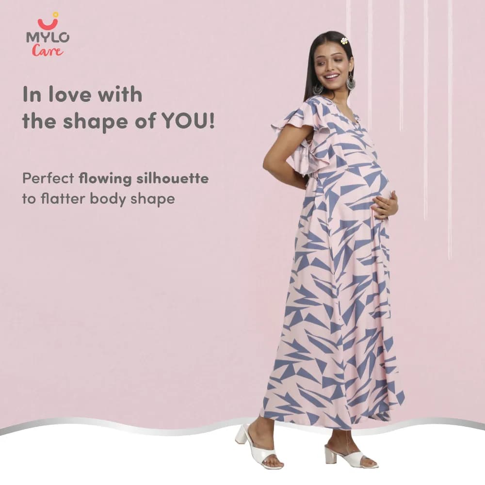 Maternity Dresses For Women with Both Side Zipper For Easy Feeding | Adjustable Belt for Growing Belly | Maxi Dress | Geometric - Pink | XL