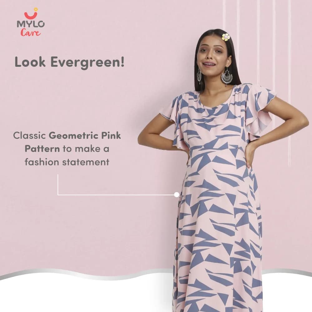 Maternity Dresses For Women with Both Side Zipper For Easy Feeding | Adjustable Belt for Growing Belly | Maxi Dress | Geometric - Pink | XL
