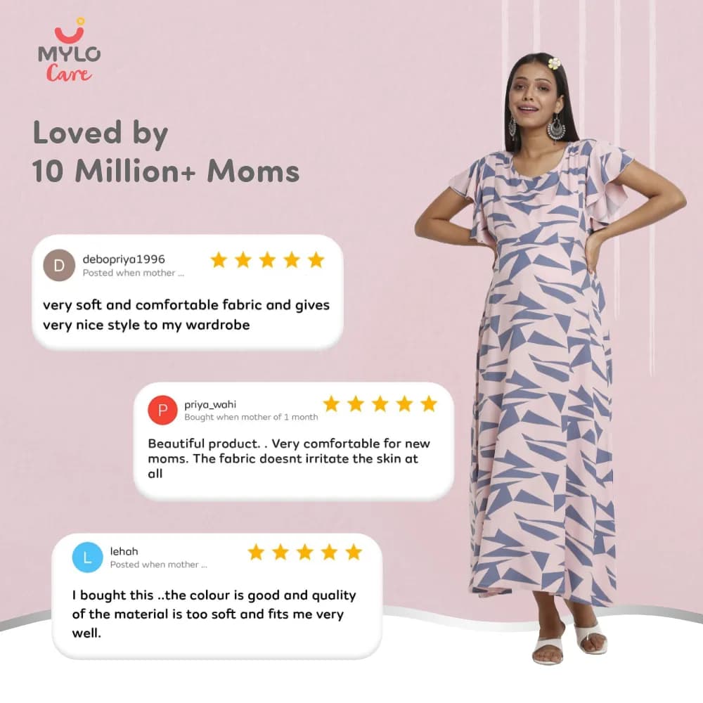 Maternity Dresses For Women with Both Side Zipper For Easy Feeding | Adjustable Belt for Growing Belly | Maxi Dress | Geometric - Pink | XXL