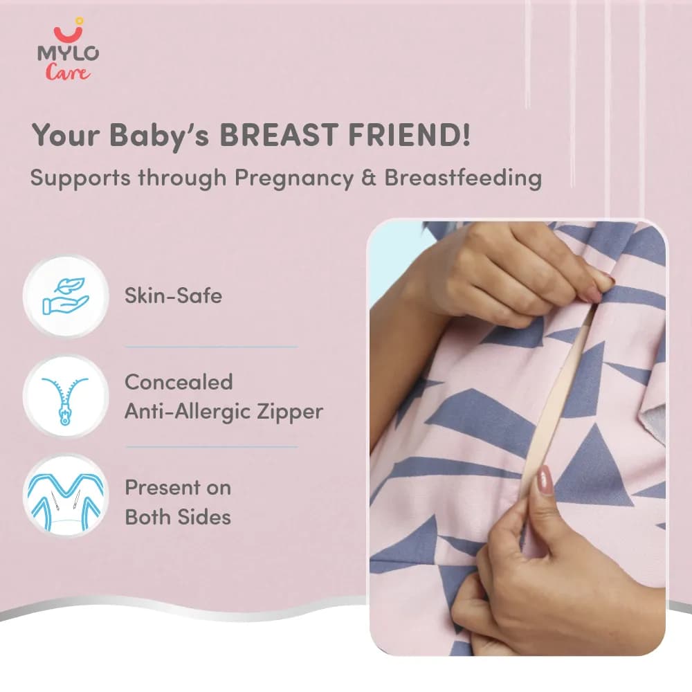 Maternity Dresses For Women with Both Side Zipper For Easy Feeding | Adjustable Belt for Growing Belly | Maxi Dress | Geometric - Pink | XXL