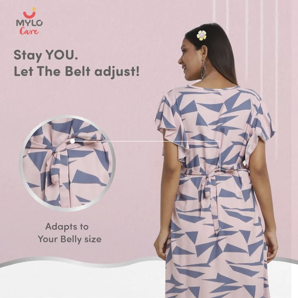 Maternity Dresses For Women with Both Side Zipper For Easy Feeding | Adjustable Belt for Growing Belly | Maxi Dress | Geometric - Pink | XXL