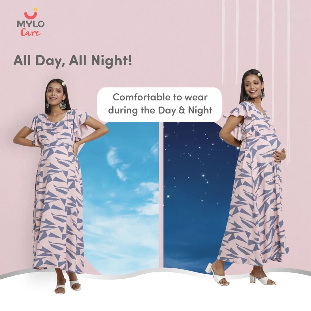 Maternity Dresses For Women with Both Side Zipper For Easy Feeding | Adjustable Belt for Growing Belly | Maxi Dress | Geometric - Pink | XXL