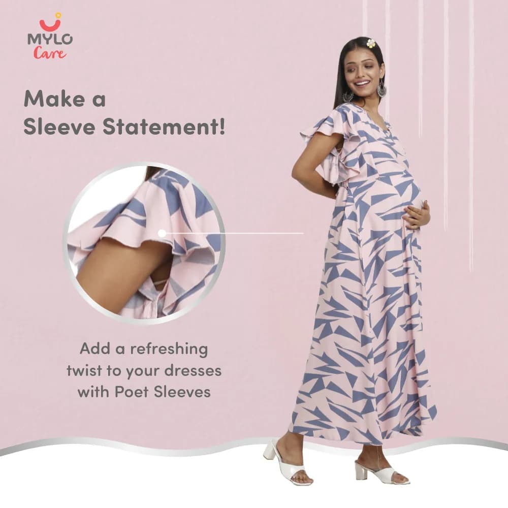 Maternity Dresses For Women with Both Side Zipper For Easy Feeding | Adjustable Belt for Growing Belly | Maxi Dress | Geometric - Pink | XXL