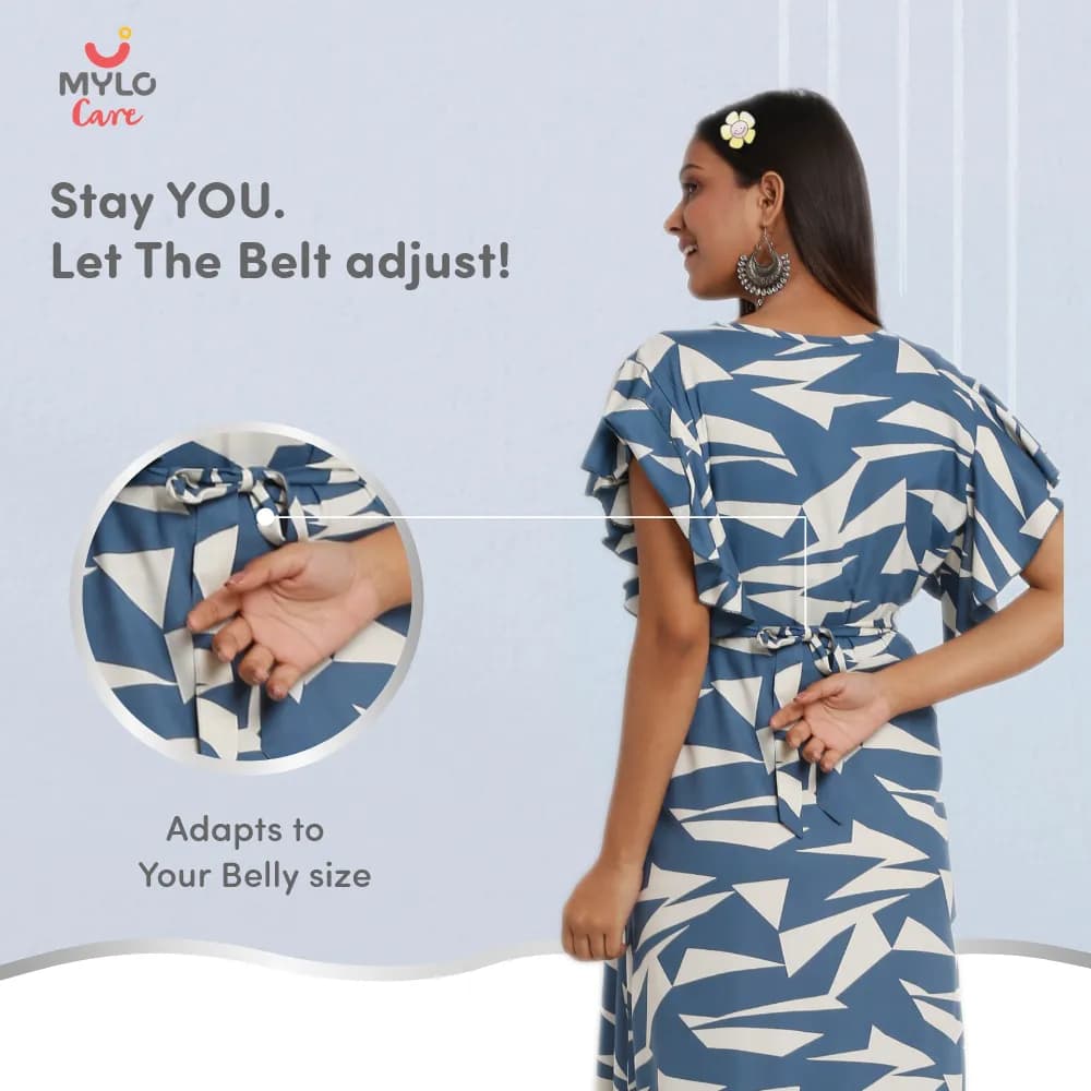 Maternity Dresses For Women with Both Side Zipper For Easy Feeding | Adjustable Belt for Growing Belly | Maxi Dress | Geometric - Blue | M
