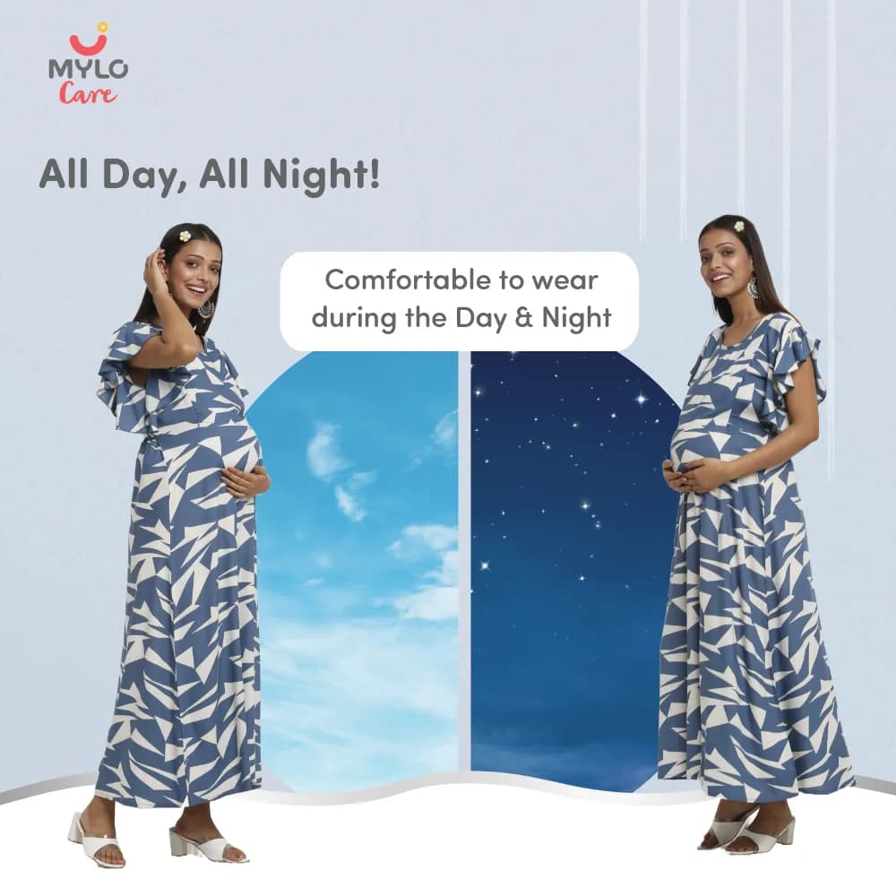 Maternity Dresses For Women with Both Side Zipper For Easy Feeding | Adjustable Belt for Growing Belly | Maxi Dress | Geometric - Blue | M