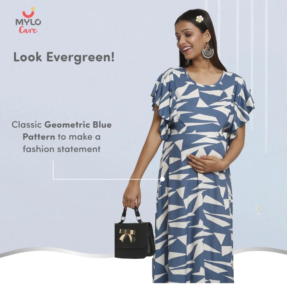 Maternity Dresses For Women with Both Side Zipper For Easy Feeding | Adjustable Belt for Growing Belly | Maxi Dress | Geometric - Blue | M