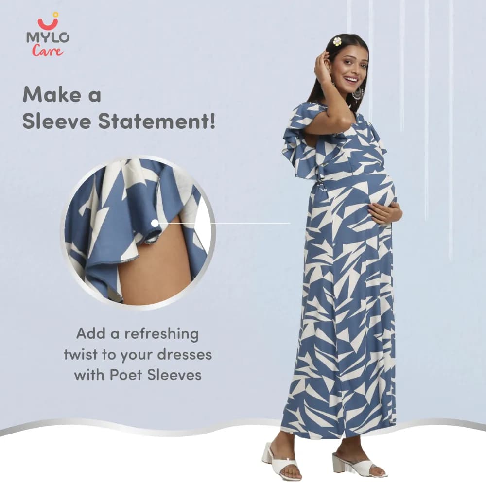 Maternity Dresses For Women with Both Side Zipper For Easy Feeding | Adjustable Belt for Growing Belly | Maxi Dress | Geometric - Blue | M