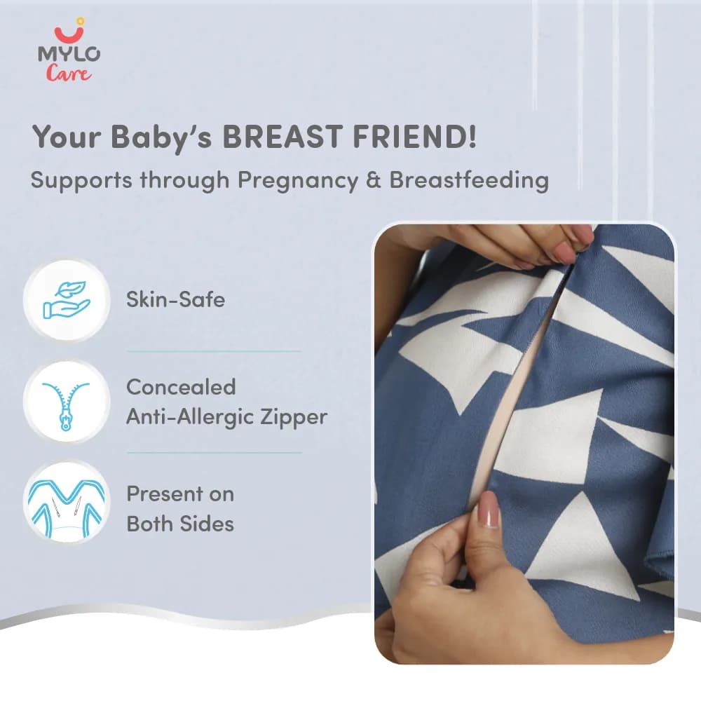 Maternity Dresses For Women with Both Side Zipper For Easy Feeding | Adjustable Belt for Growing Belly | Maxi Dress | Geometric - Blue | XL