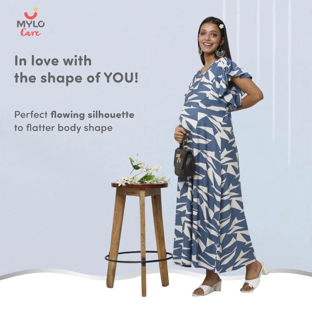 Maternity Dresses For Women with Both Side Zipper For Easy Feeding | Adjustable Belt for Growing Belly | Maxi Dress | Geometric - Blue | XXL