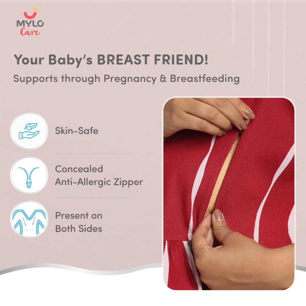 Maternity Dresses For Women with Both Side Zipper For Easy Feeding | Adjustable Belt for Growing Belly | Maxi Dress | Stripes - Red | XL