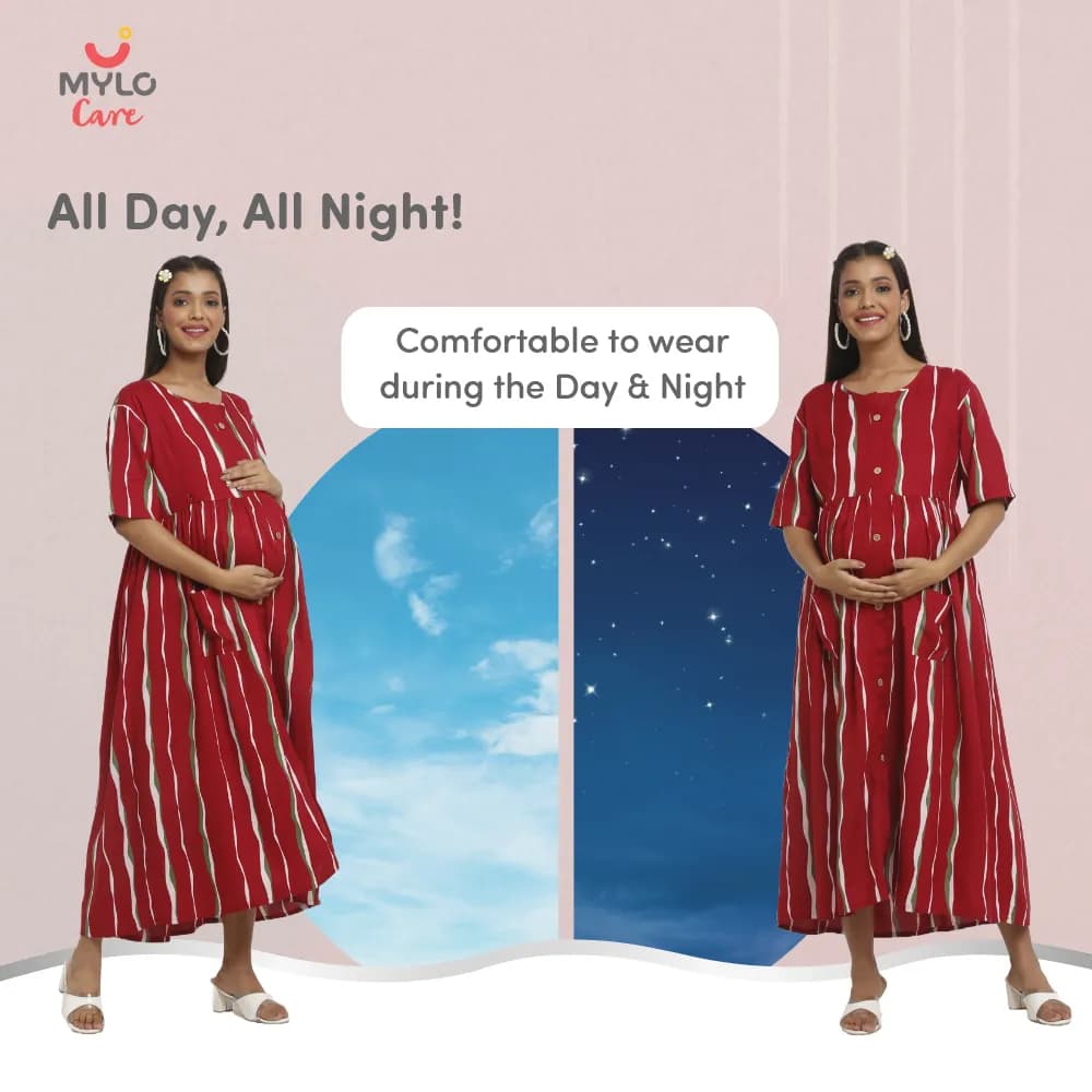 Maternity Dresses For Women with Both Side Zipper For Easy Feeding | Adjustable Belt for Growing Belly | Maxi Dress | Stripes - Red | XL