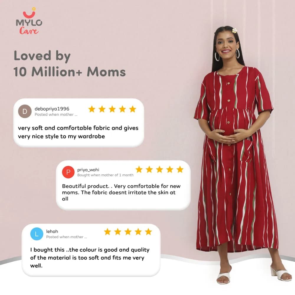 Maternity Dresses For Women with Both Side Zipper For Easy Feeding | Adjustable Belt for Growing Belly | Maxi Dress | Stripes - Red | XXL