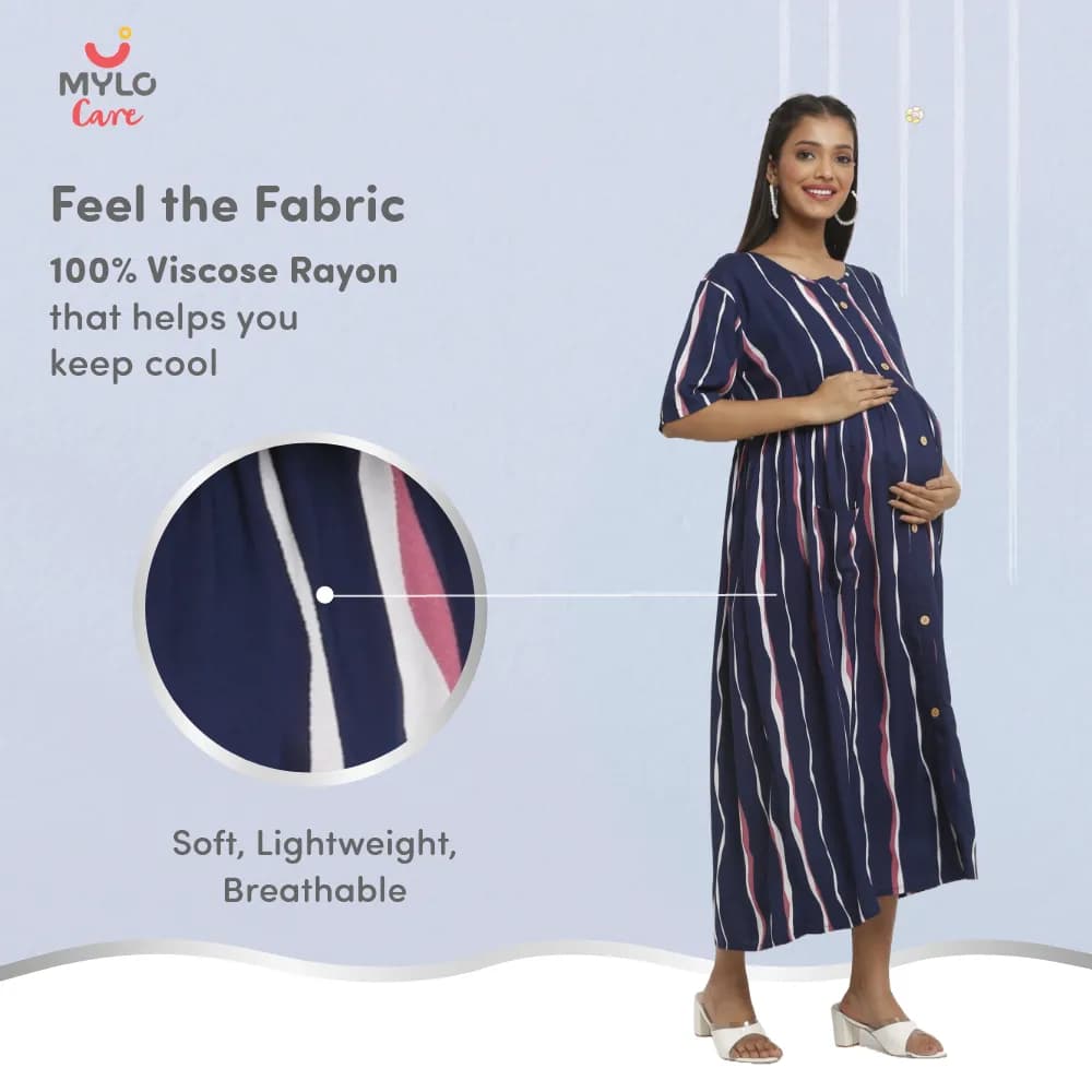 Maternity Dresses For Women with Both Side Zipper For Easy Feeding | Adjustable Belt for Growing Belly | Maxi Dress | Stripes - Dark Blue | M
