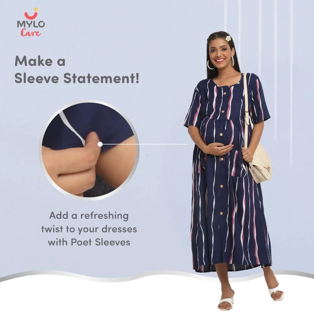Maternity Dresses For Women with Both Side Zipper For Easy Feeding | Adjustable Belt for Growing Belly | Maxi Dress | Stripes - Dark Blue | M