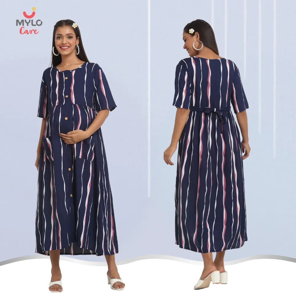 Maternity Dresses For Women with Both Side Zipper For Easy Feeding | Adjustable Belt for Growing Belly | Maxi Dress | Stripes - Dark Blue | XL