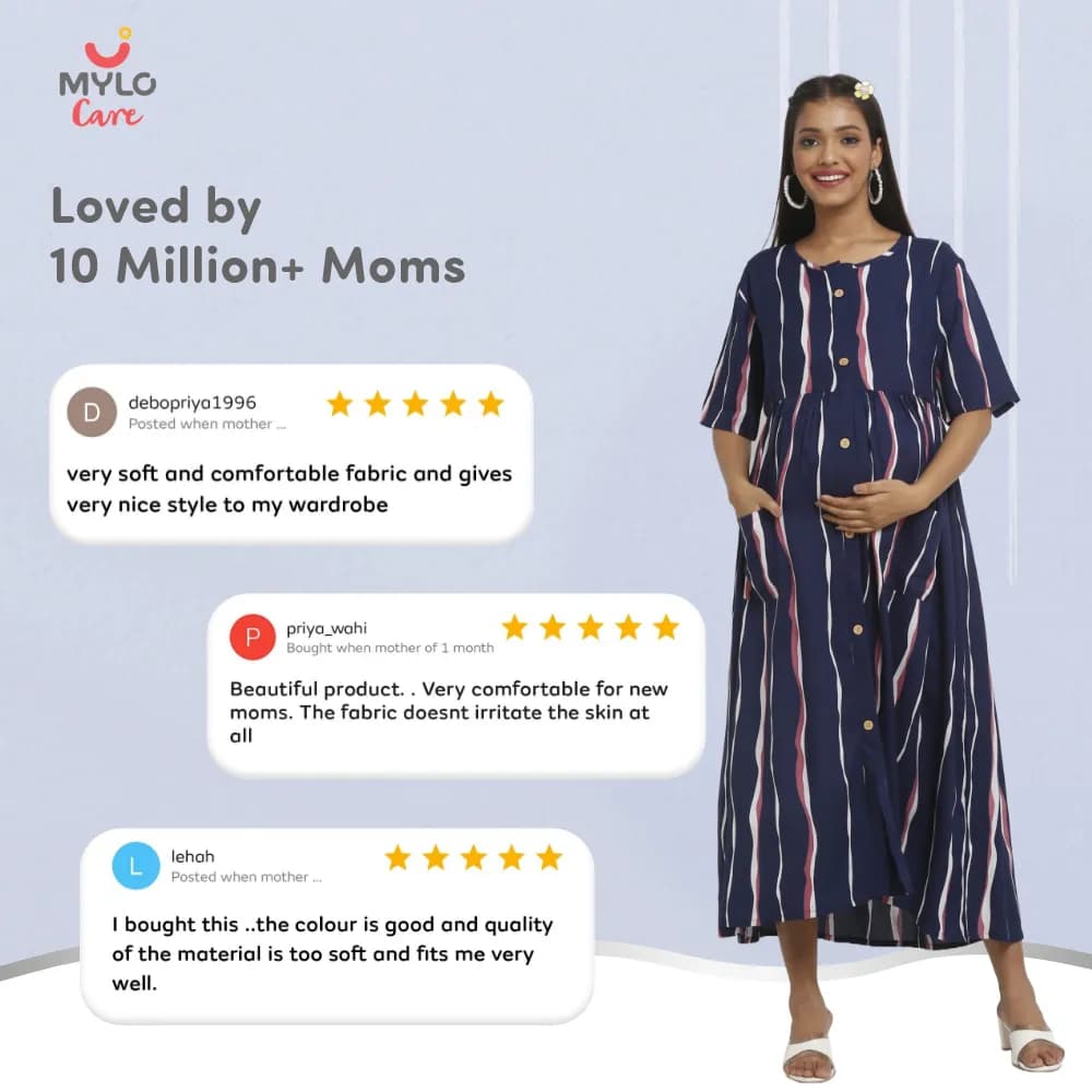 Maternity Dresses For Women with Both Side Zipper For Easy Feeding | Adjustable Belt for Growing Belly | Maxi Dress | Stripes - Dark Blue | XXL