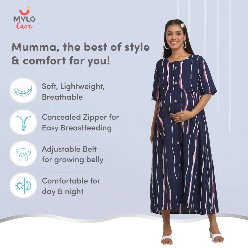 Maternity Dresses For Women with Both Side Zipper For Easy Feeding | Adjustable Belt for Growing Belly | Maxi Dress | Stripes - Dark Blue | XXL