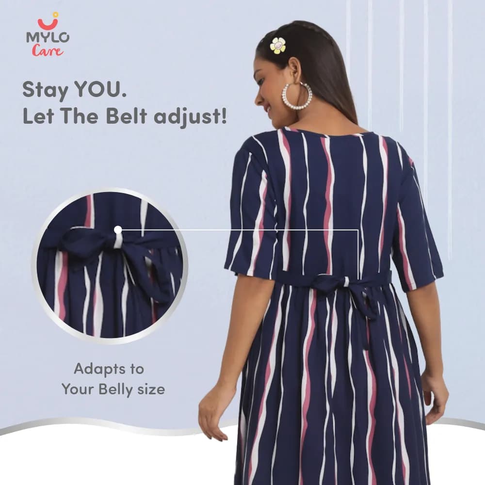 Maternity Dresses For Women with Both Side Zipper For Easy Feeding | Adjustable Belt for Growing Belly | Maxi Dress | Stripes - Dark Blue | XXL
