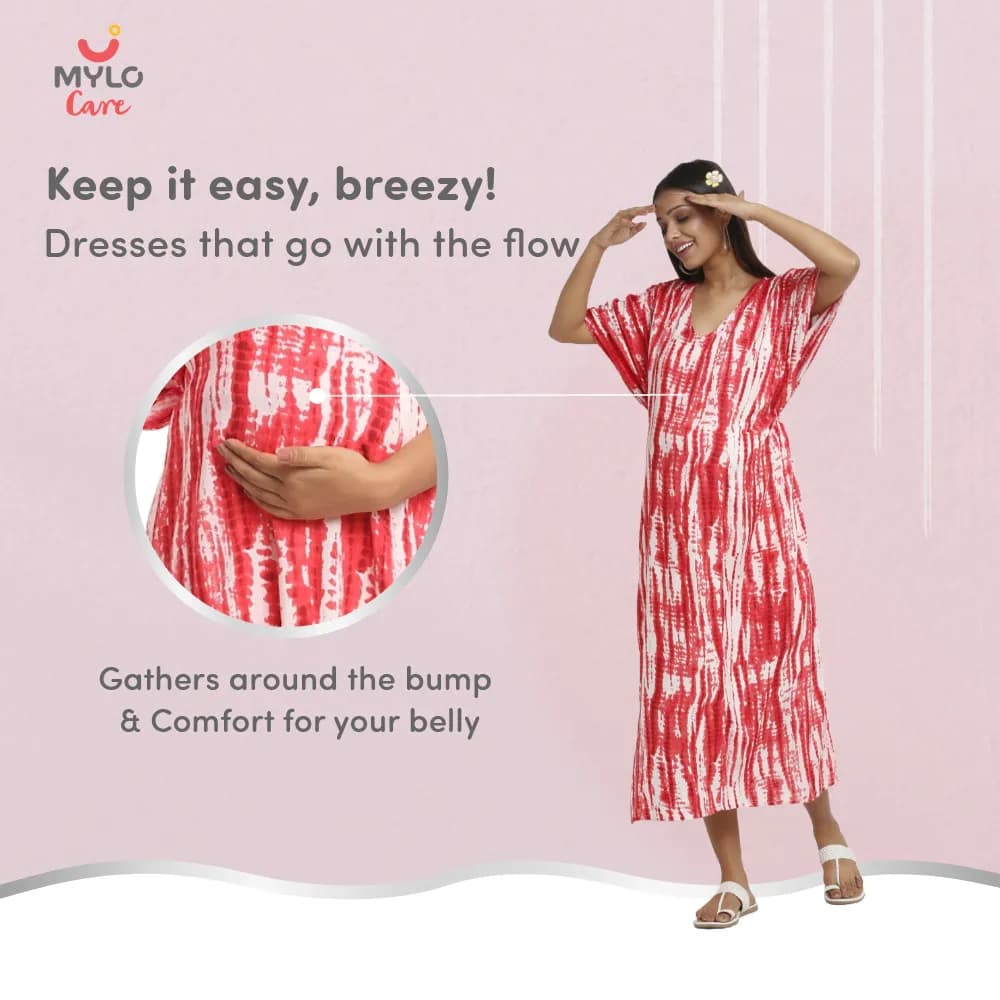 Maternity Dresses For Women with Both Side Zipper For Easy Feeding | Adjustable Belt for Growing Belly | Kaftan Dress | Shibori Print - Fuchsia | XL
