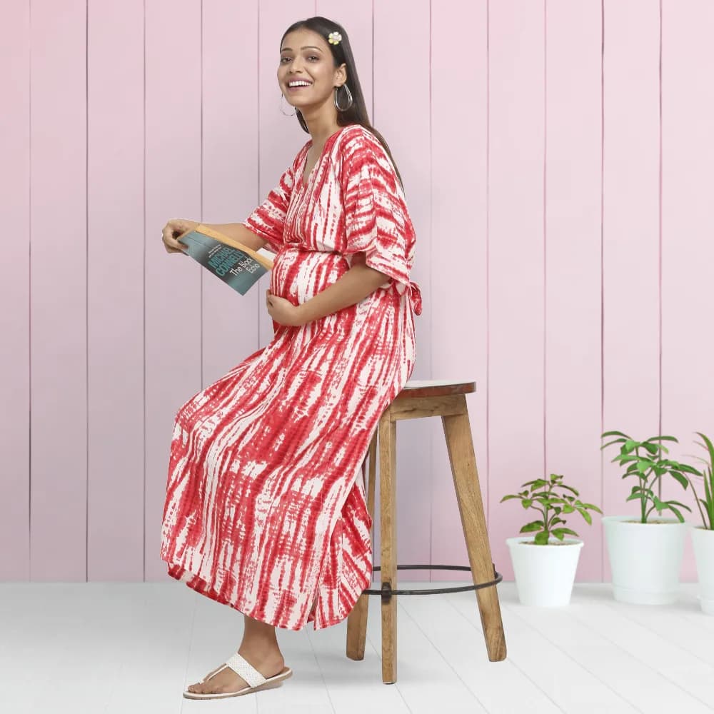 Maternity Dresses For Women with Both Side Zipper For Easy Feeding | Adjustable Belt for Growing Belly | Kaftan Dress | Shibori Print - Fuchsia | XXL