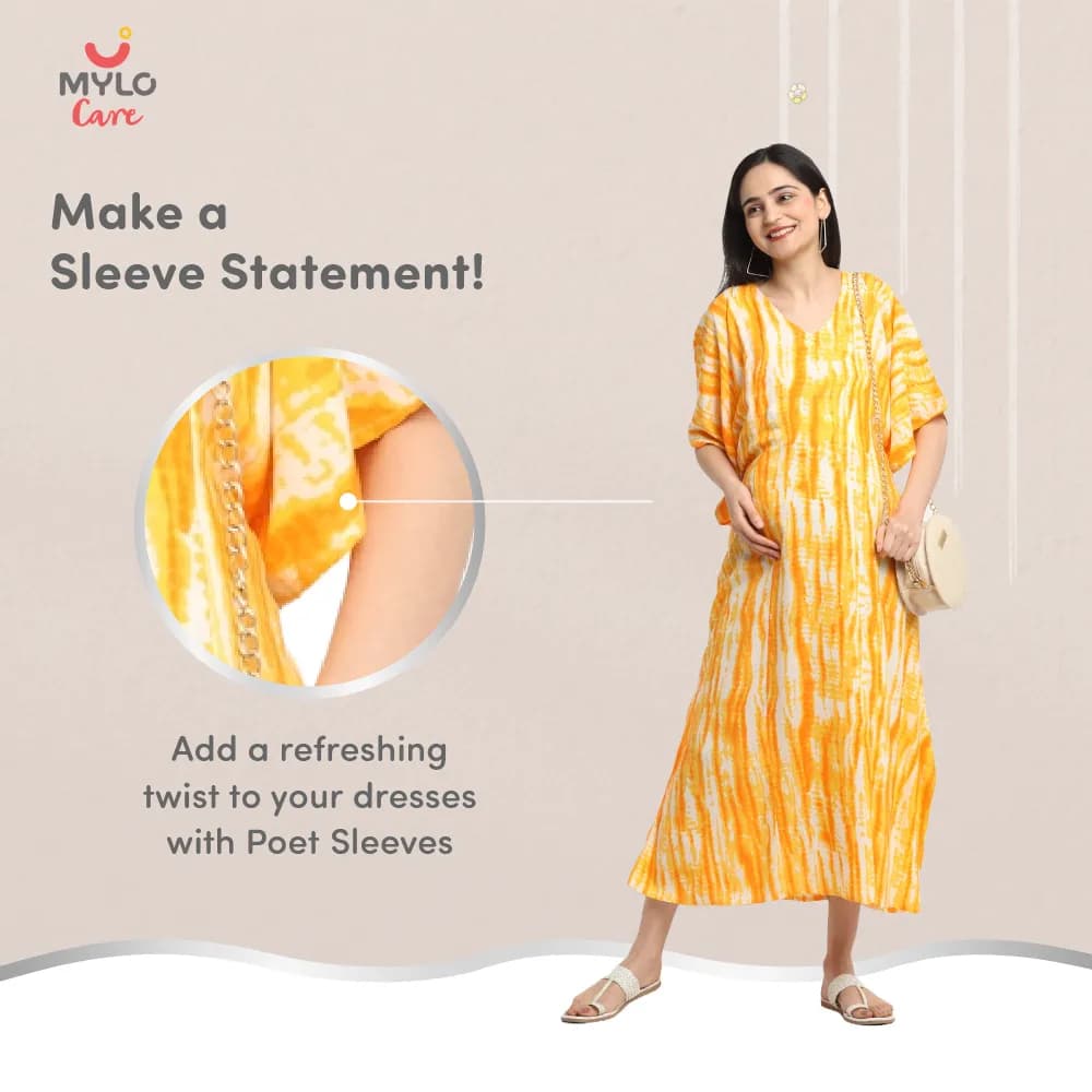 Maternity Dresses For Women with Both Side Zipper For Easy Feeding | Adjustable Belt for Growing Belly | Kaftan Dress | Shibori Print - Orange | M