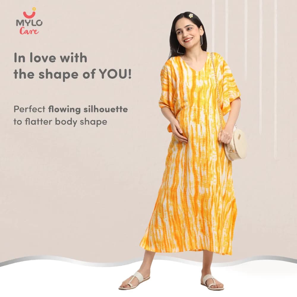 Maternity Dresses For Women with Both Side Zipper For Easy Feeding | Adjustable Belt for Growing Belly | Kaftan Dress | Shibori Print - Orange | XL