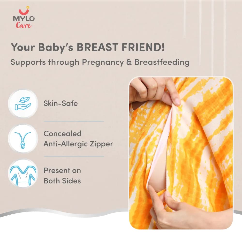 Maternity Dresses For Women with Both Side Zipper For Easy Feeding | Adjustable Belt for Growing Belly | Kaftan Dress | Shibori Print - Orange | XL