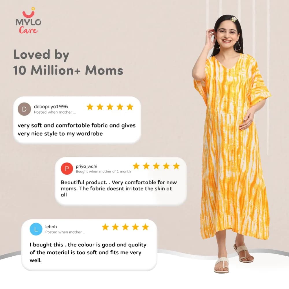 Maternity Dresses For Women with Both Side Zipper For Easy Feeding | Adjustable Belt for Growing Belly | Kaftan Dress | Shibori Print - Orange | XXL