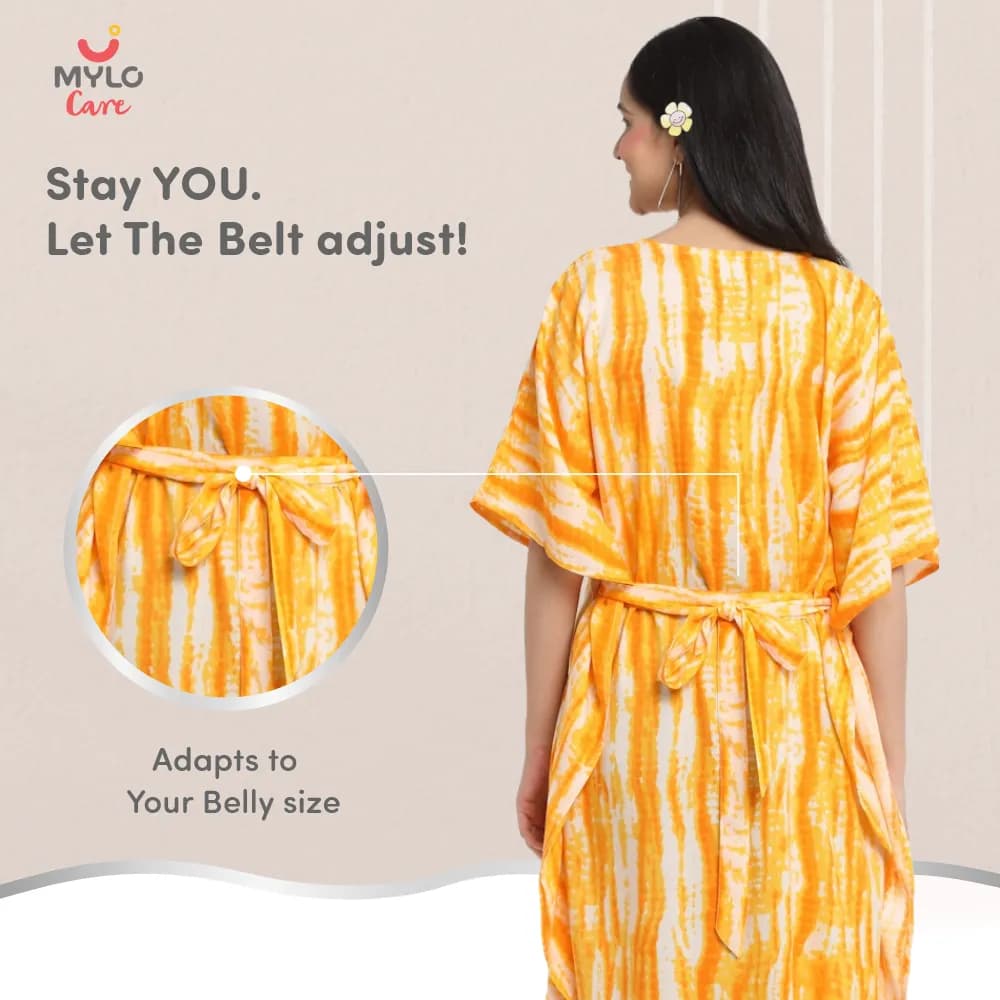 Maternity Dresses For Women with Both Side Zipper For Easy Feeding | Adjustable Belt for Growing Belly | Kaftan Dress | Shibori Print - Orange | XXL