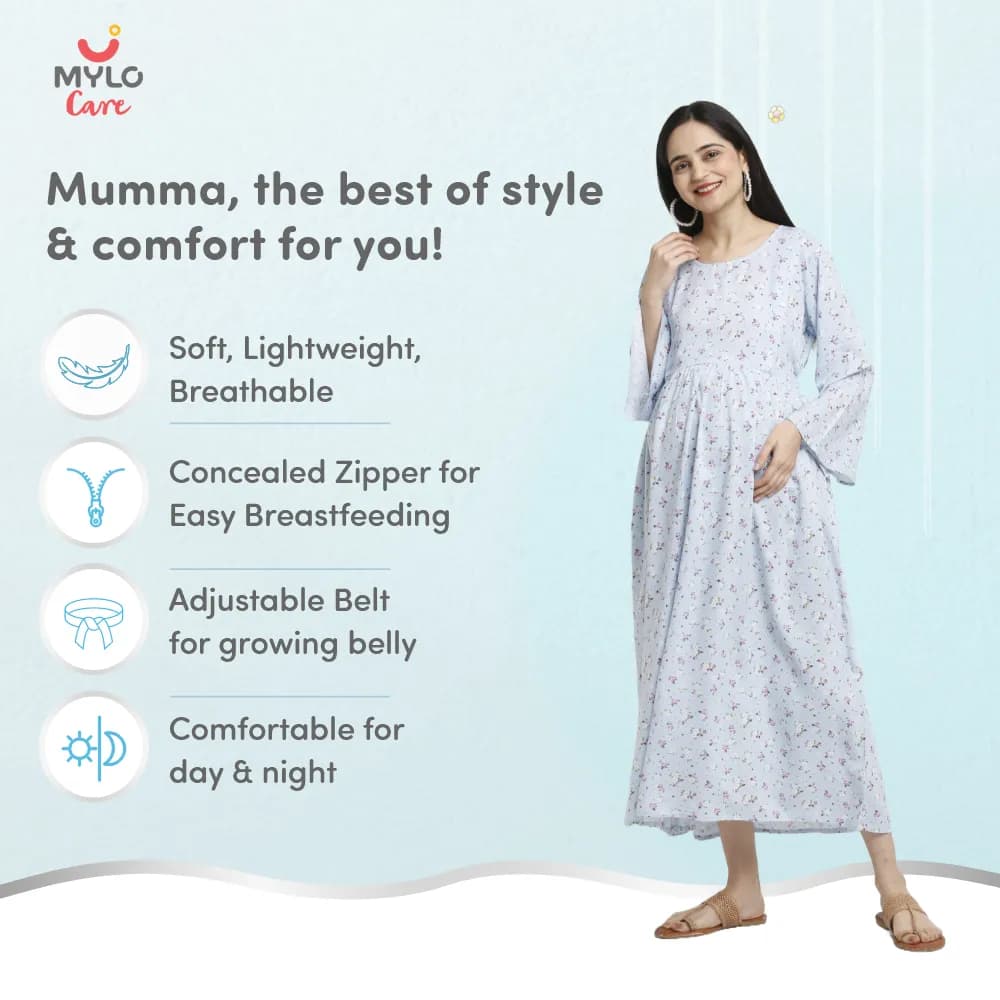 Maternity Dresses For Women with Both Side Zipper For Easy Feeding | Adjustable Belt for Growing Belly | Maxi Dress | Ditsy Daisy - Blue | XXL