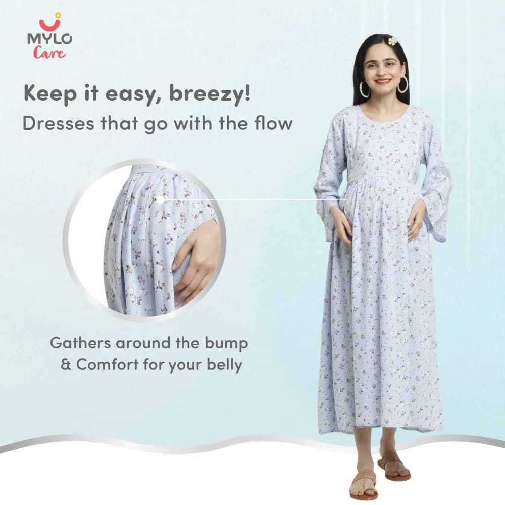 Maternity Dresses For Women with Both Side Zipper For Easy Feeding | Adjustable Belt for Growing Belly | Maxi Dress | Ditsy Daisy - Blue | XXL