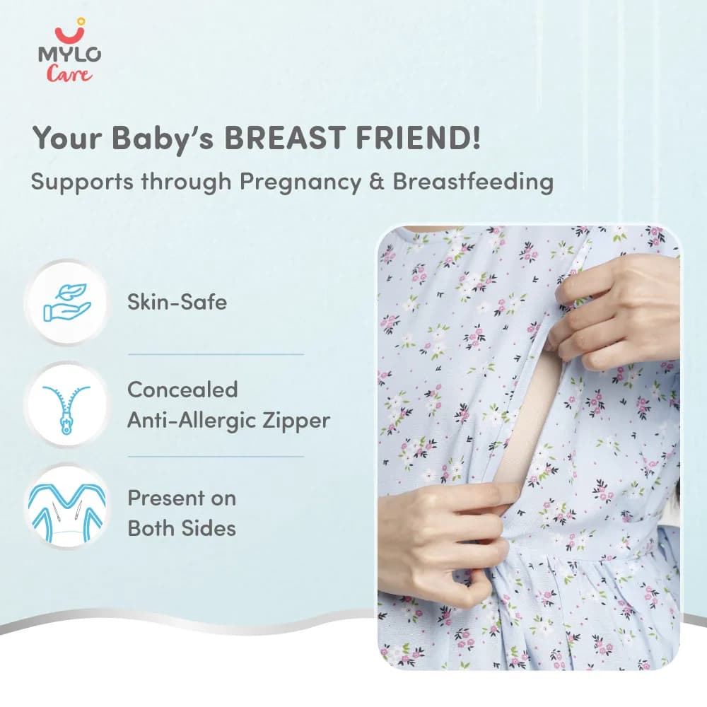 Maternity Dresses For Women with Both Side Zipper For Easy Feeding | Adjustable Belt for Growing Belly | Maxi Dress | Ditsy Daisy - Blue | XXL