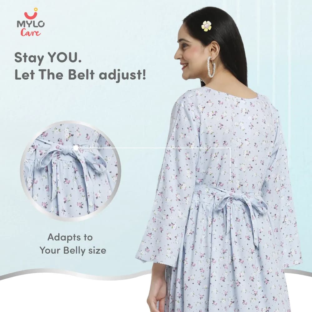 Maternity Dresses For Women with Both Side Zipper For Easy Feeding | Adjustable Belt for Growing Belly | Maxi Dress | Ditsy Daisy - Blue | XXL