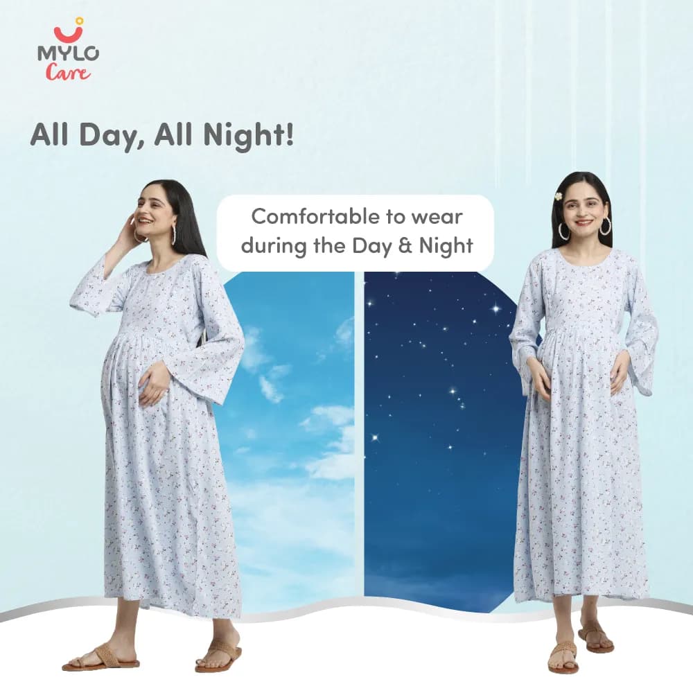 Maternity Dresses For Women with Both Side Zipper For Easy Feeding | Adjustable Belt for Growing Belly | Maxi Dress | Ditsy Daisy - Blue | XXL