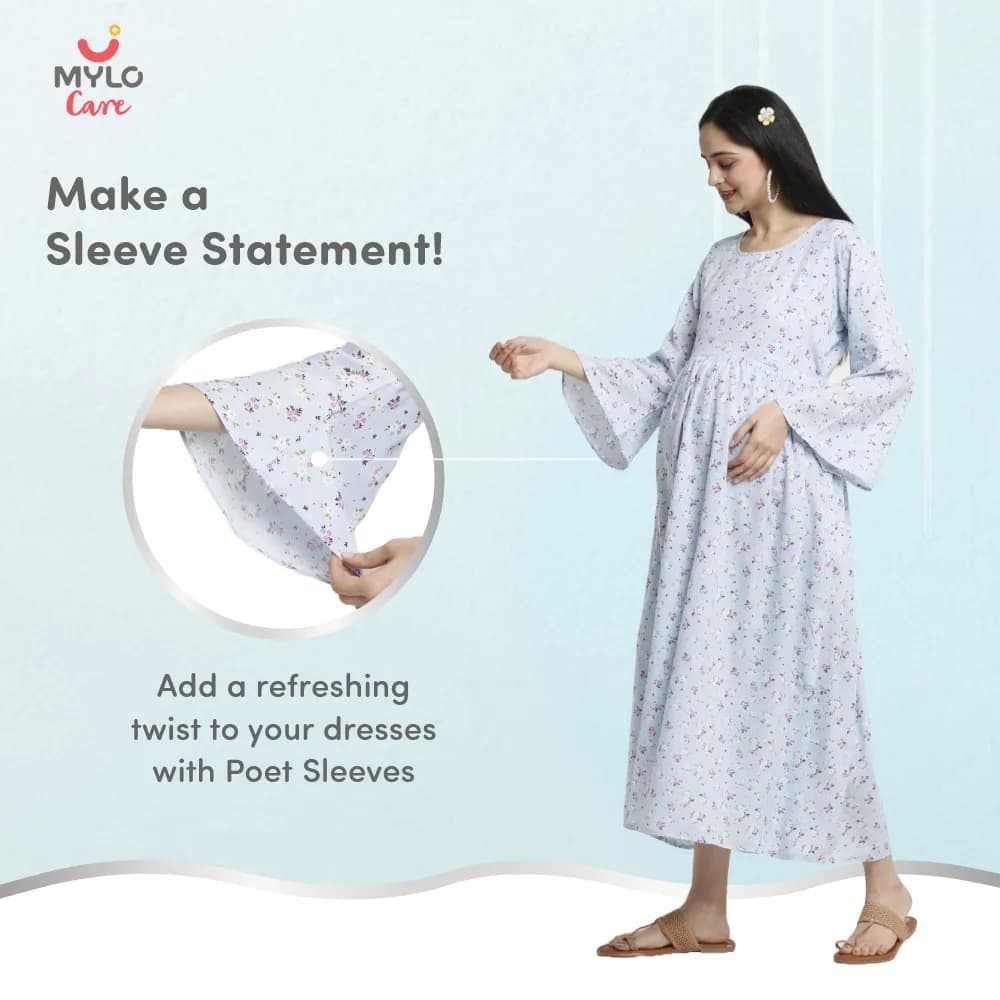 Maternity Dresses For Women with Both Side Zipper For Easy Feeding | Adjustable Belt for Growing Belly | Maxi Dress | Ditsy Daisy - Blue | XXL