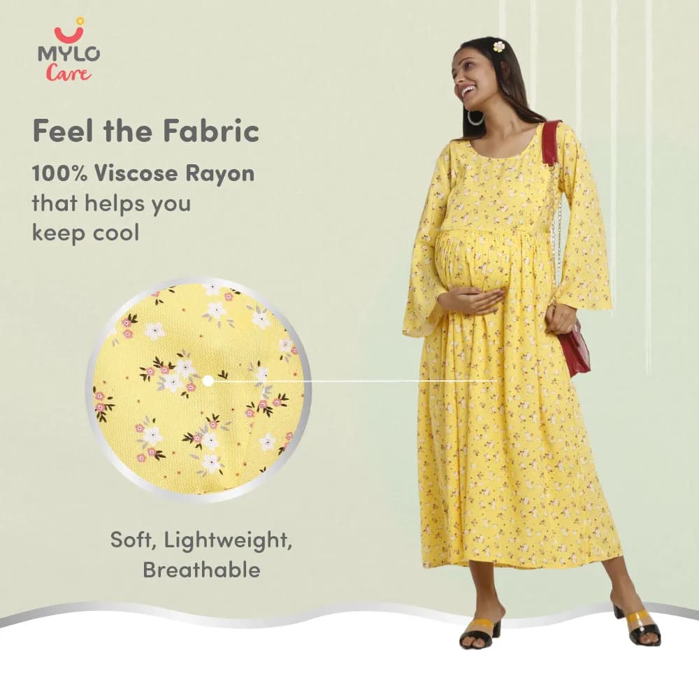Maternity Dresses For Women with Both Side Zipper For Easy Feeding | Adjustable Belt for Growing Belly | Maxi Dress | Ditsy Daisy - Mustard | M