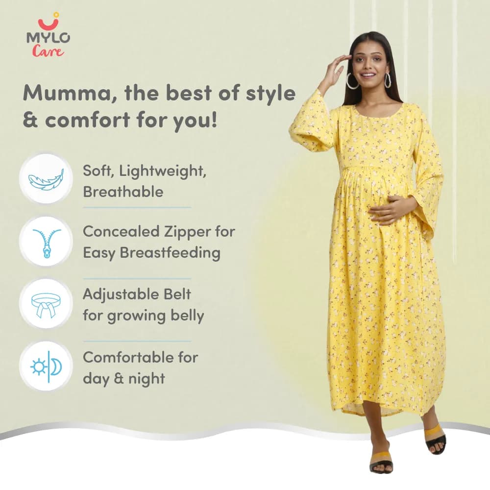 Maternity Dresses For Women with Both Side Zipper For Easy Feeding | Adjustable Belt for Growing Belly | Maxi Dress | Ditsy Daisy - Mustard | XL