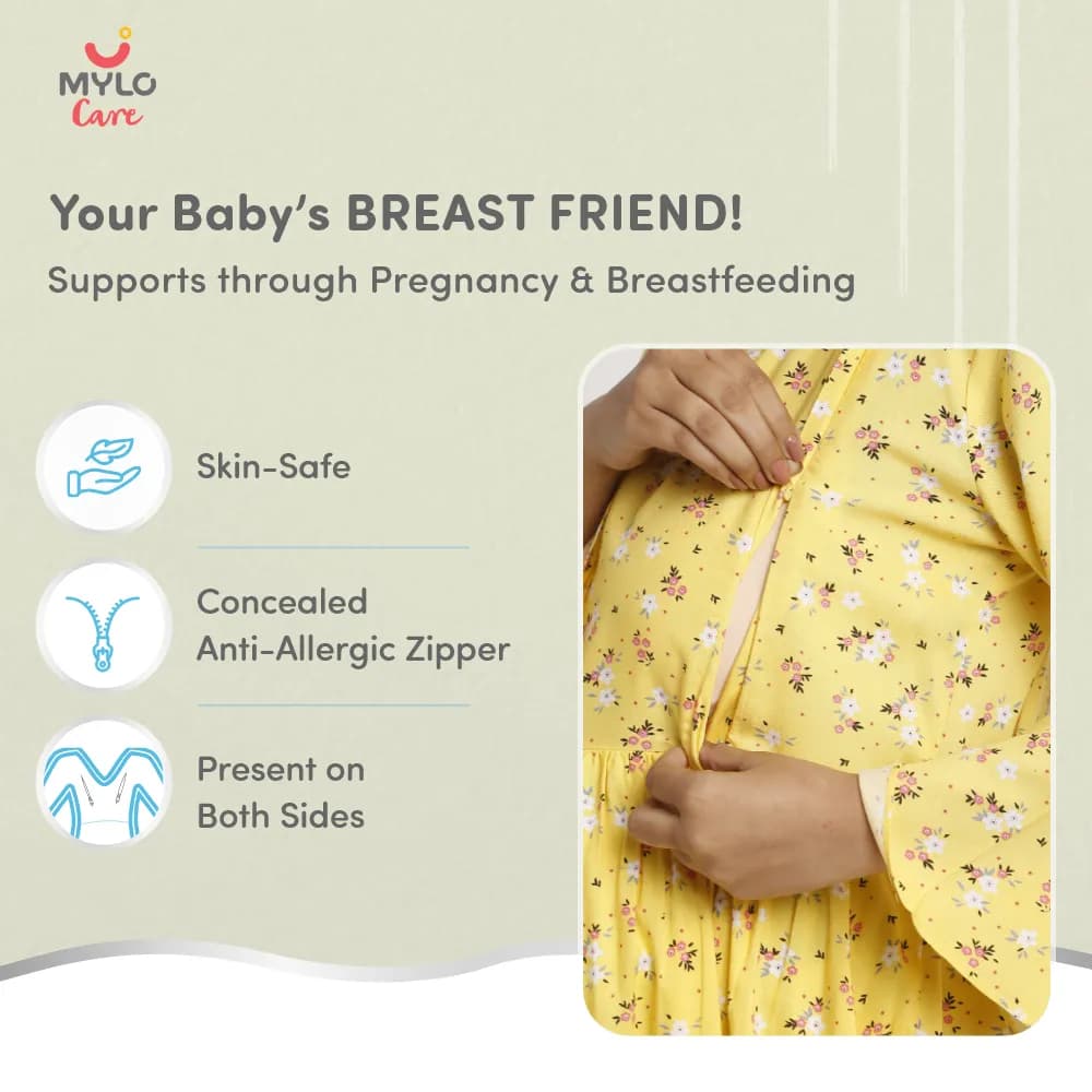 Maternity Dresses For Women with Both Side Zipper For Easy Feeding | Adjustable Belt for Growing Belly | Maxi Dress | Ditsy Daisy - Mustard | XL