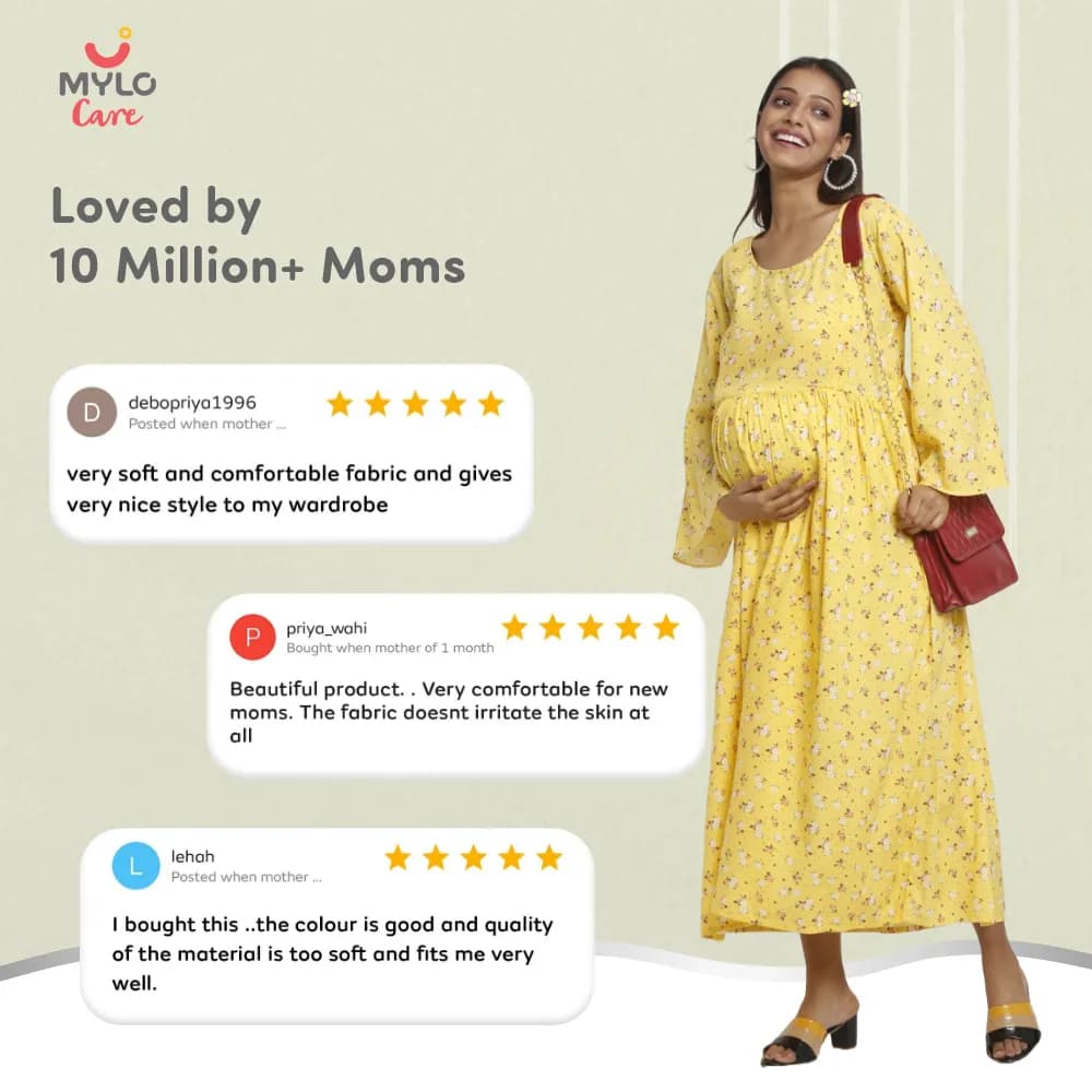 Maternity Dresses For Women with Both Side Zipper For Easy Feeding | Adjustable Belt for Growing Belly | Maxi Dress | Ditsy Daisy - Mustard | XXL