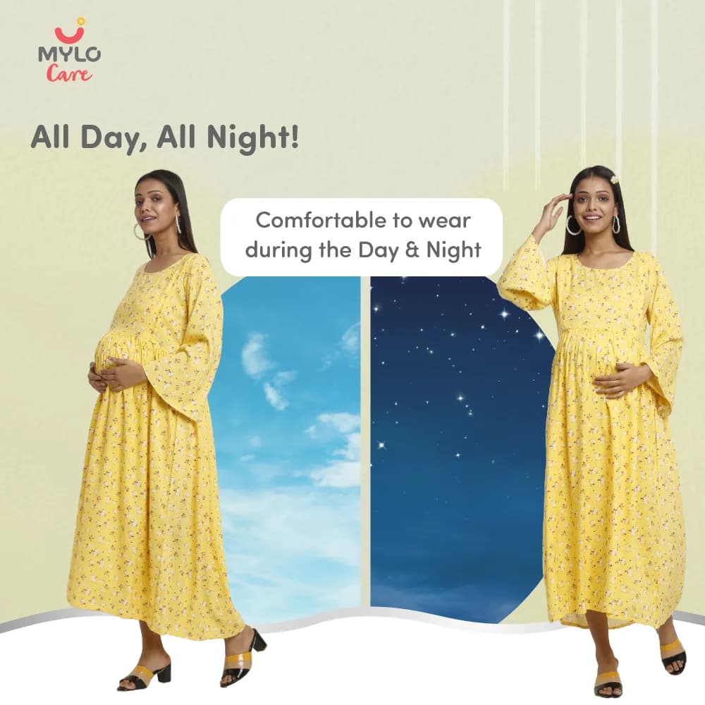 Maternity Dresses For Women with Both Side Zipper For Easy Feeding | Adjustable Belt for Growing Belly | Maxi Dress | Ditsy Daisy - Mustard | XXL