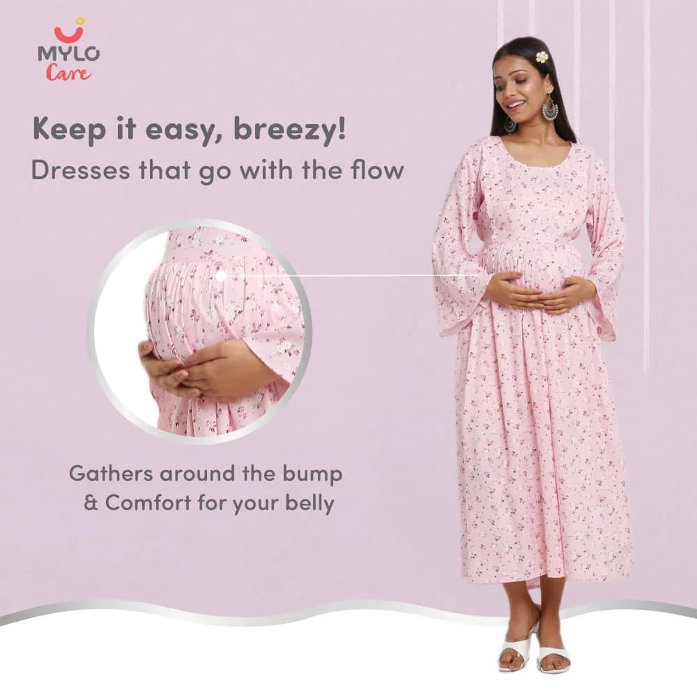 Maternity Dresses For Women with Both Side Zipper For Easy Feeding | Adjustable Belt for Growing Belly | Maxi Dress | Ditsy Daisy - Pink | M