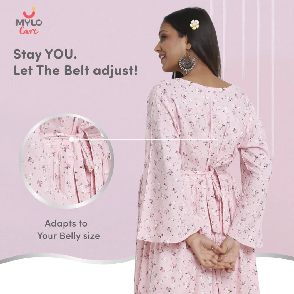 Maternity Dresses For Women with Both Side Zipper For Easy Feeding | Adjustable Belt for Growing Belly | Maxi Dress | Ditsy Daisy - Pink | M