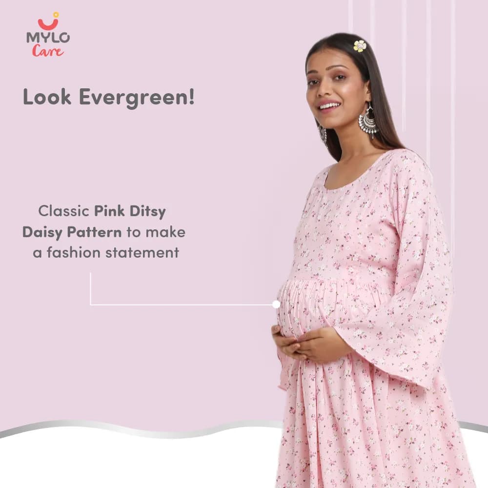 Maternity Dresses For Women with Both Side Zipper For Easy Feeding | Adjustable Belt for Growing Belly | Maxi Dress | Ditsy Daisy - Pink | XL