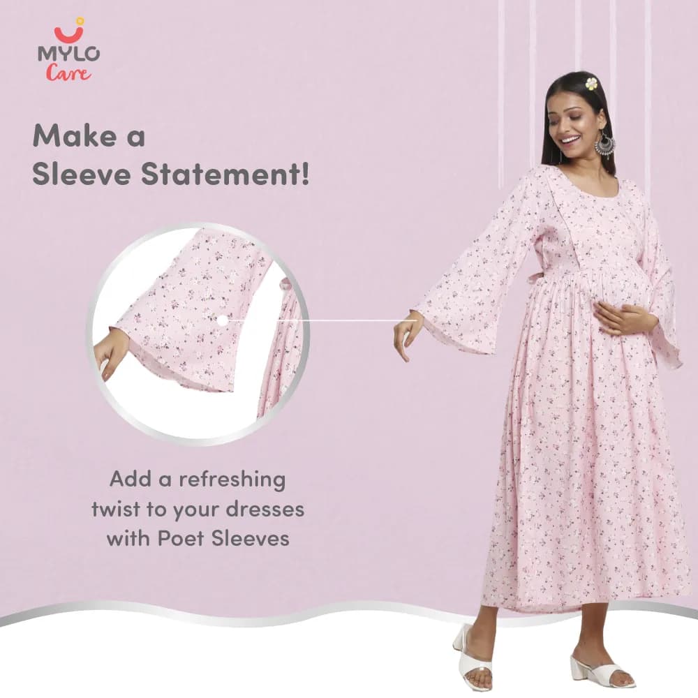 Maternity Dresses For Women with Both Side Zipper For Easy Feeding | Adjustable Belt for Growing Belly | Maxi Dress | Ditsy Daisy - Pink | XL