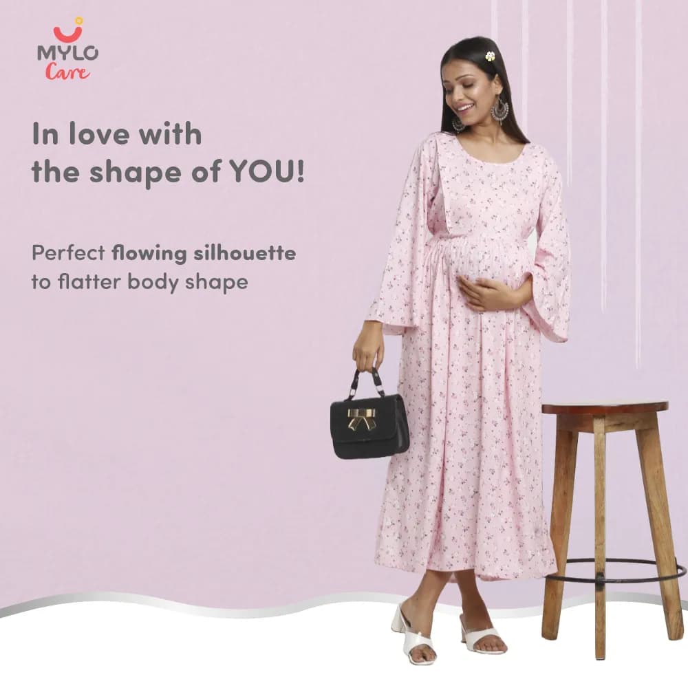 Maternity Dresses For Women with Both Side Zipper For Easy Feeding | Adjustable Belt for Growing Belly | Maxi Dress | Ditsy Daisy - Pink | XXL