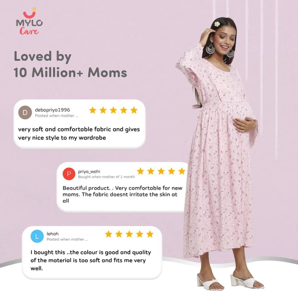 Maternity Dresses For Women with Both Side Zipper For Easy Feeding | Adjustable Belt for Growing Belly | Maxi Dress | Ditsy Daisy - Pink | XXL