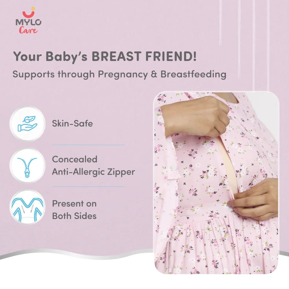 Maternity Dresses For Women with Both Side Zipper For Easy Feeding | Adjustable Belt for Growing Belly | Maxi Dress | Ditsy Daisy - Pink | XXL