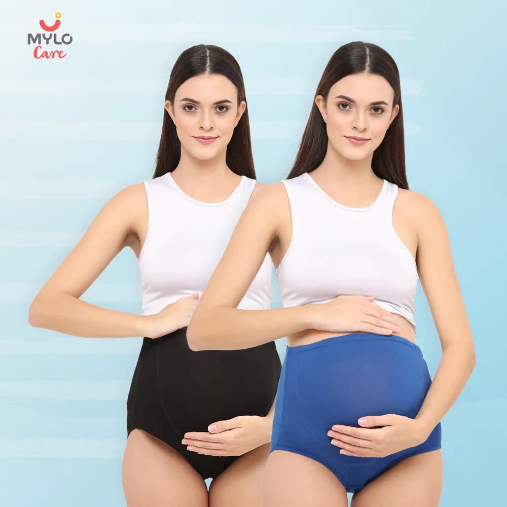 High Waist Maternity Panty for Pregnancy & Post-Delivery | Anti-Microbial with Comfy Adjustable Waistband - Blue & Black - L - Pack of 2
